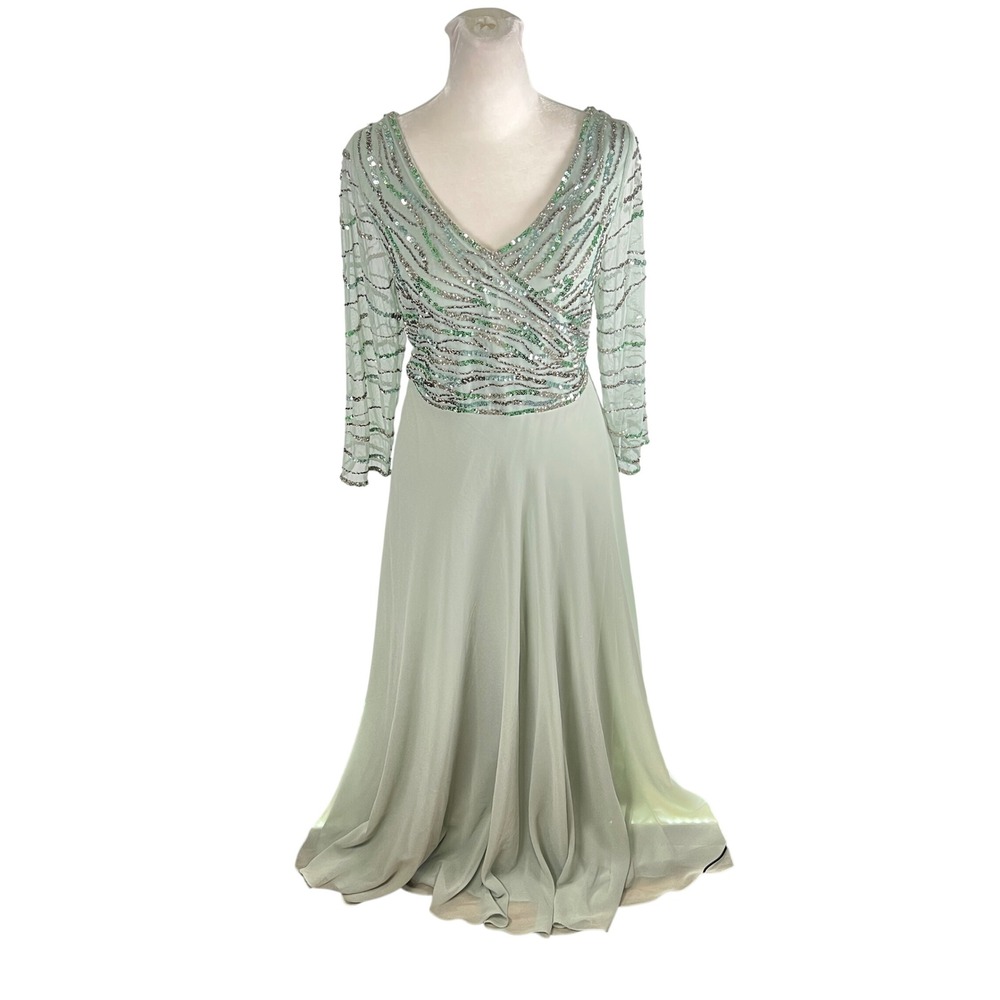JKara Women Celadon Multi Beaded Sequin V-Neck Chiffon Gown Dress Size 8 NEW